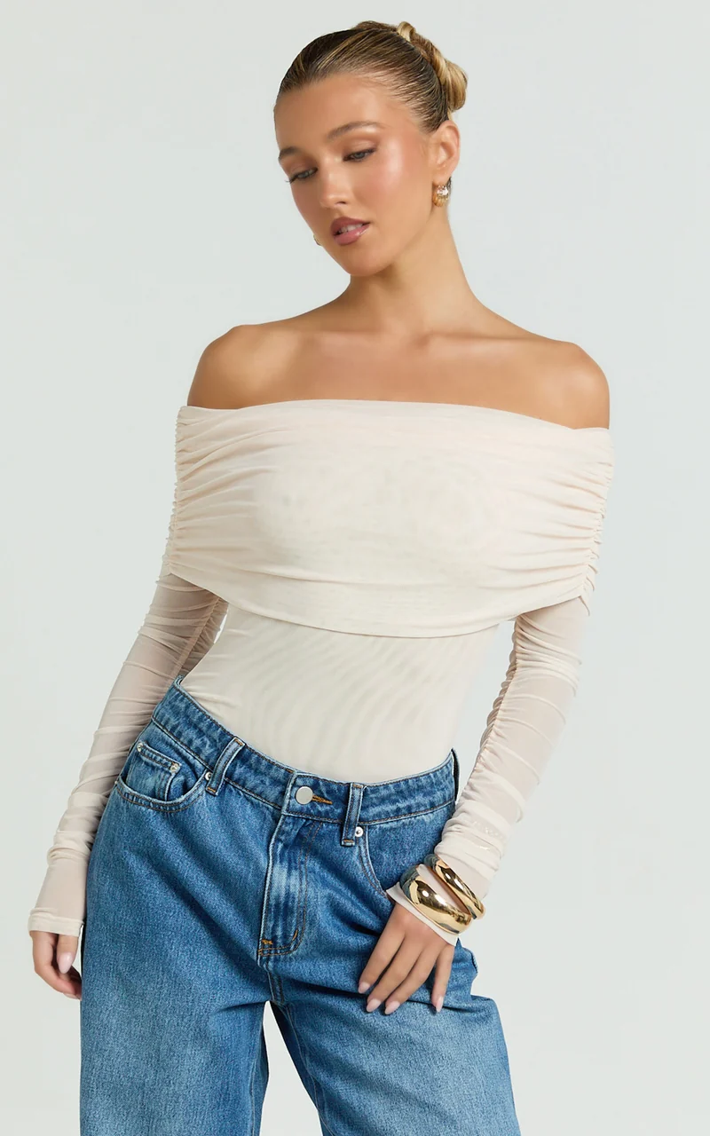 Jaythen Bodysuit - Long Sleeve Off Shoulder Ruched Mesh Bodysuit in Cream