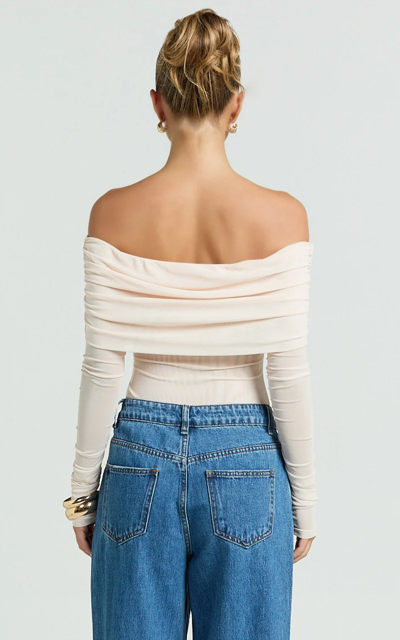 Jaythen Bodysuit - Long Sleeve Off Shoulder Ruched Mesh Bodysuit in Cream