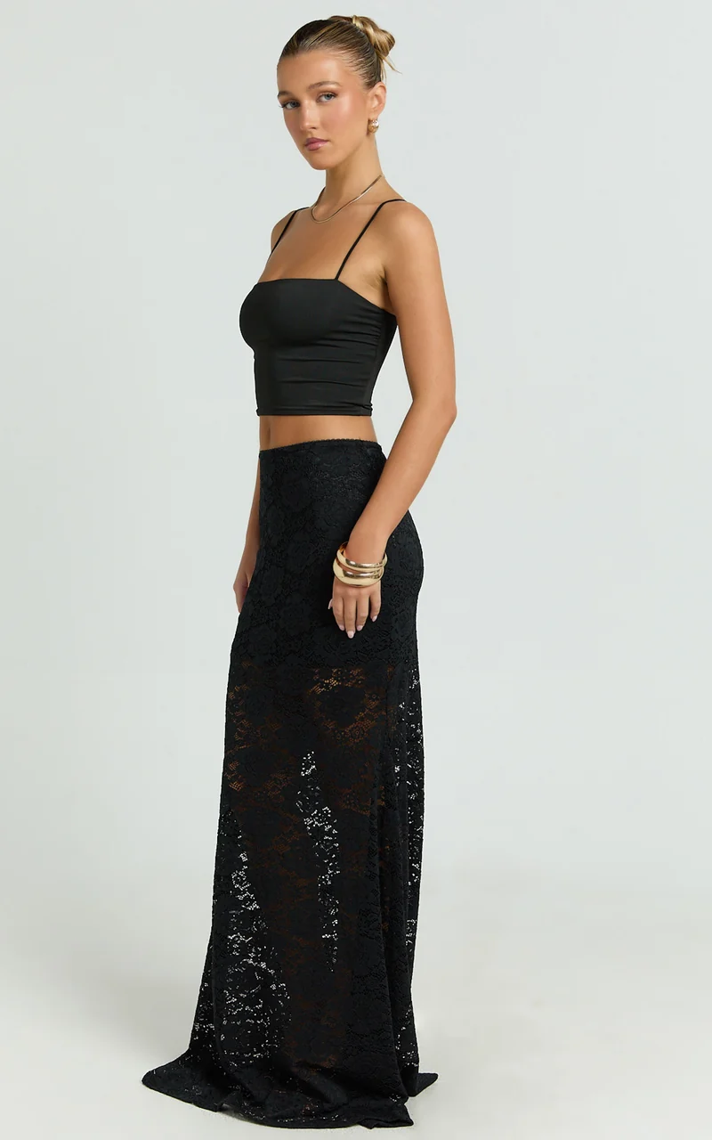 Kamille Maxi Skirt - Lace Mermaid Hem Skirt in Black