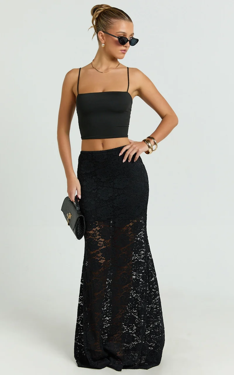 Kamille Maxi Skirt - Lace Mermaid Hem Skirt in Black