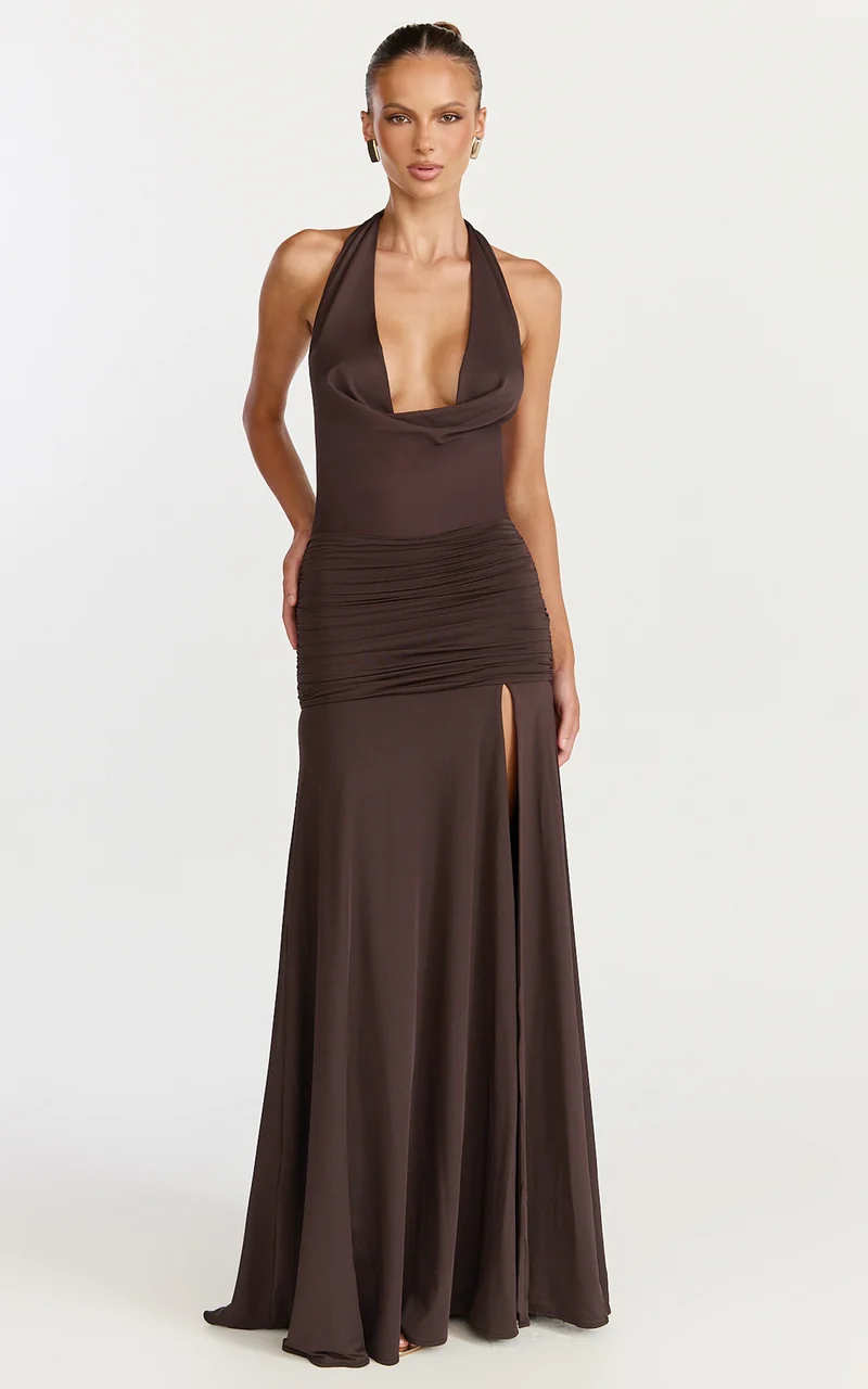 Janice Maxi Dress - Plunge Cowl Halter High Leg Split Dress in Chocolate