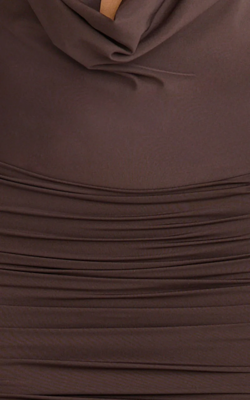 Janice Maxi Dress - Plunge Cowl Halter High Leg Split Dress in Chocolate