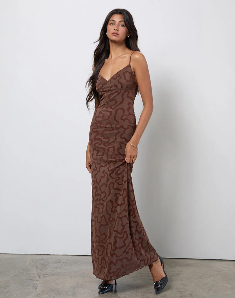 Robe longue Kalana en flocon de soie marron
