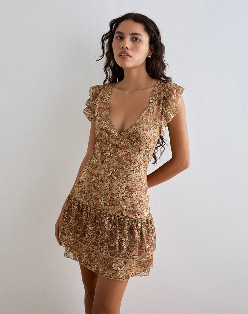 Lotri Wrap Mini Dress in Cluster Floral Brown