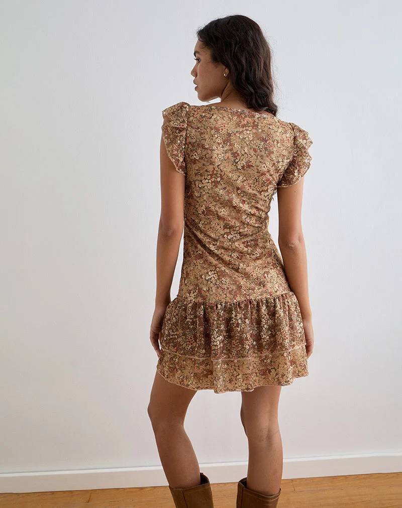Lotri Wrap Mini Dress in Cluster Floral Brown