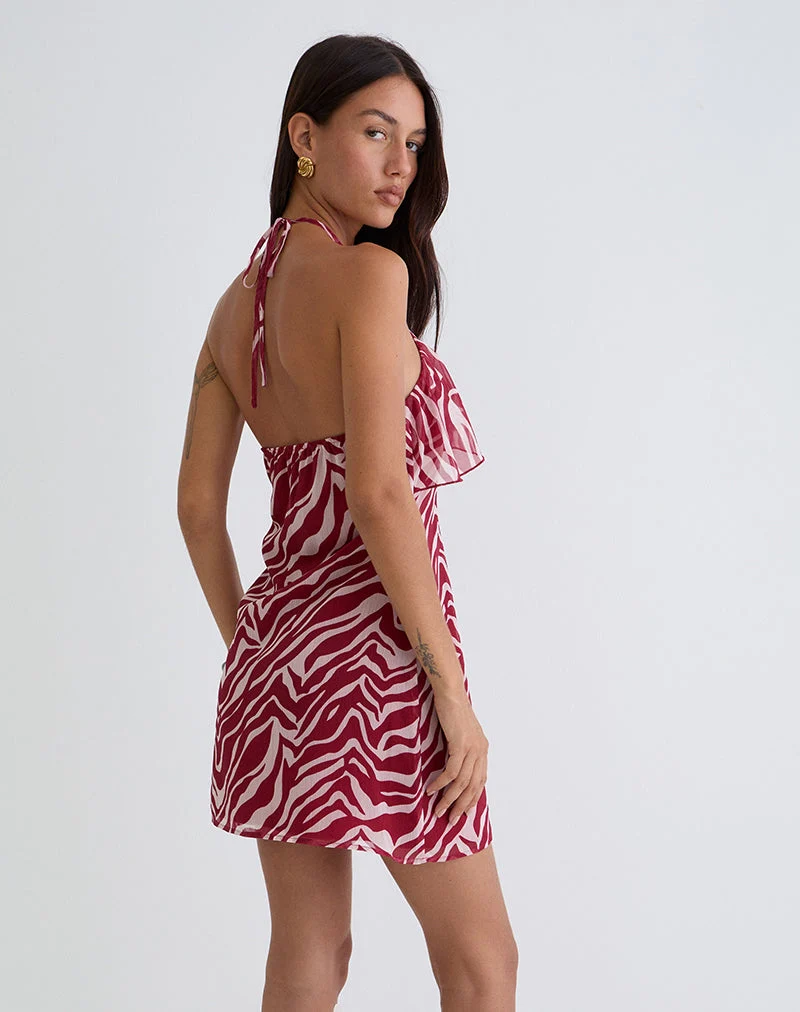 Beyza Halter Mini Dress in Zebra Print Red (Mini robe dos nu en imprimé zébré)