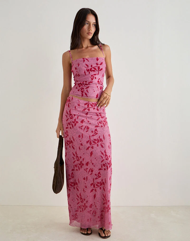 Jupe longue Alfreda, Stencil Flower Pink