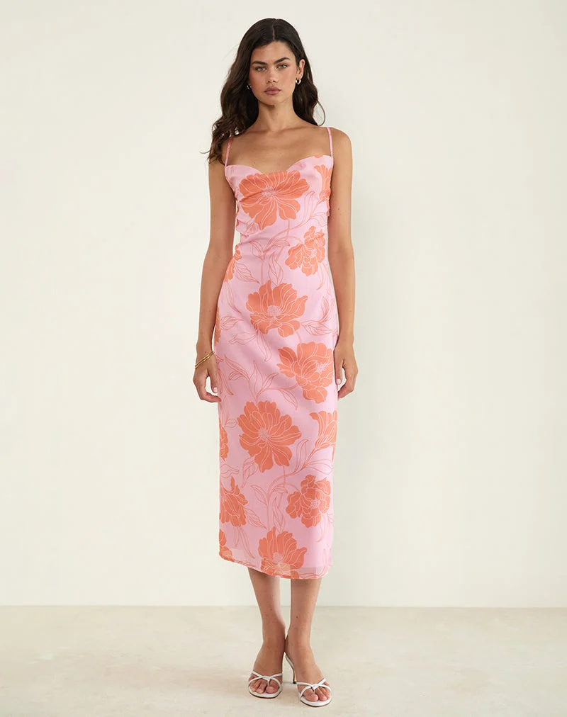 Rujira Cowl Midi Dress in Floral Pink Orange