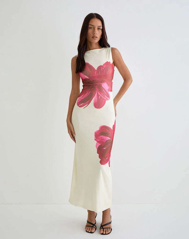 Robe longue imprimée Fayola en crème avec fleur aquarelle rouge