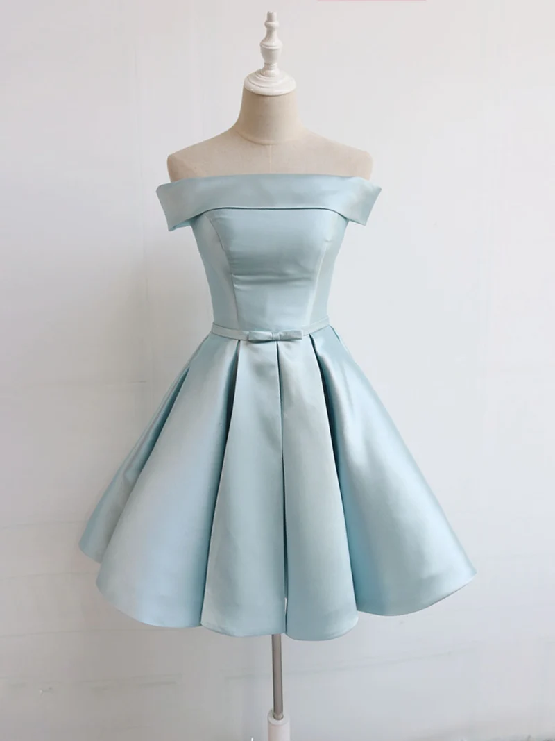Robe de soirée en satin bleu clair à épaules dénudées, robe de danse de 8e année