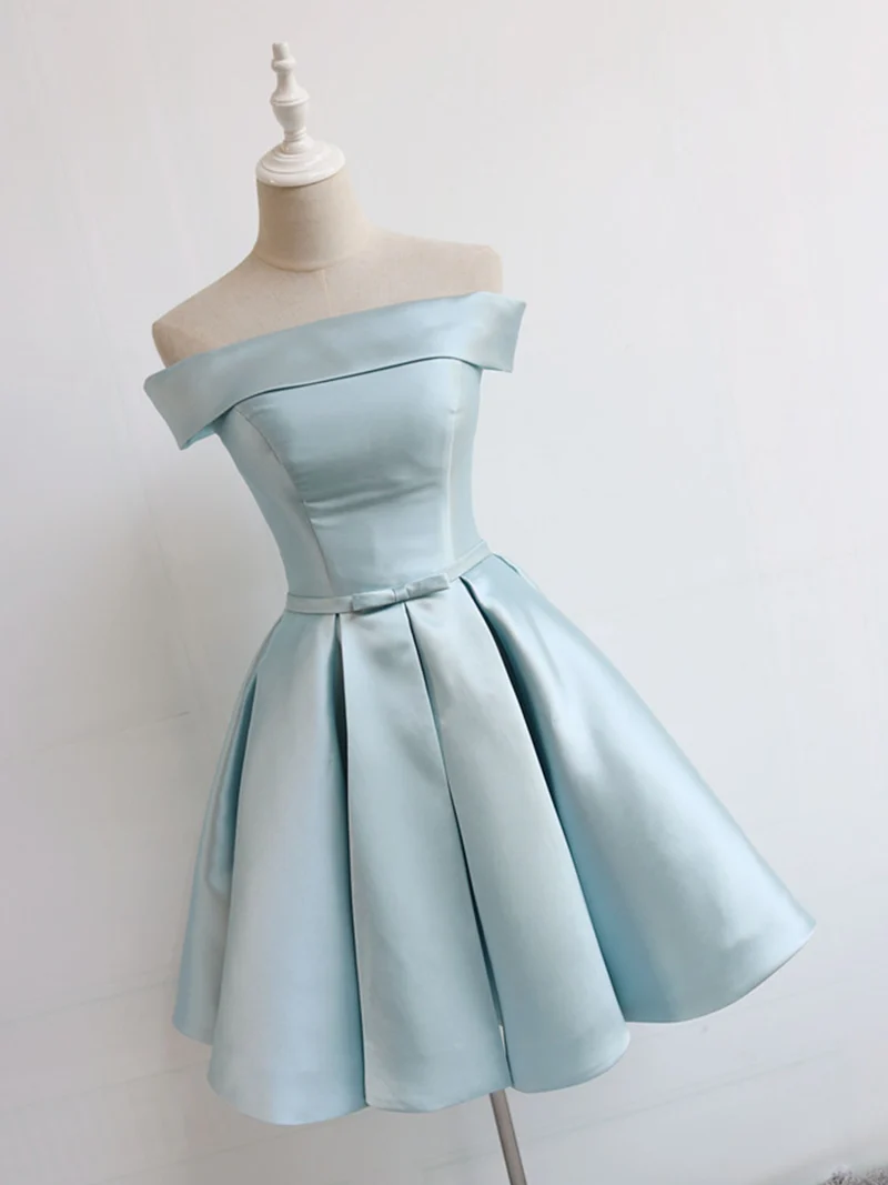 Robe de soirée en satin bleu clair à épaules dénudées, robe de danse de 8e année