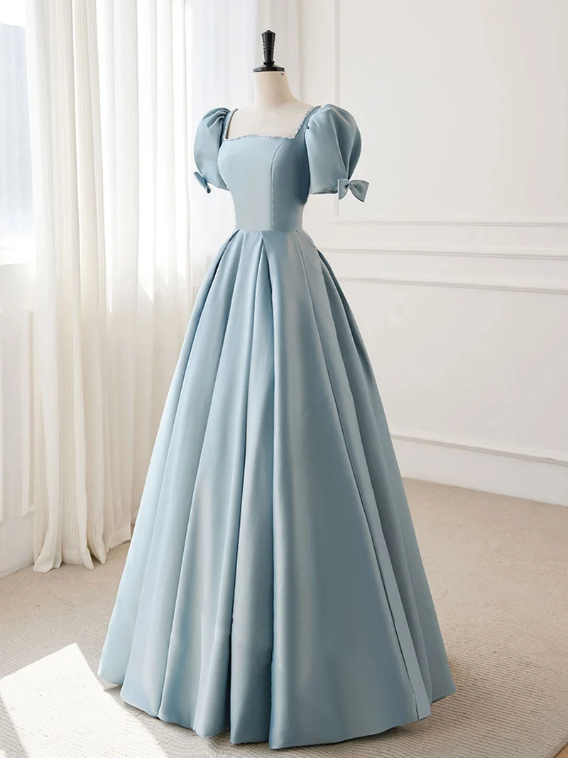 Robe formelle classique trapèze à col carré bleu poussiéreux avec manches courtes bouffantes