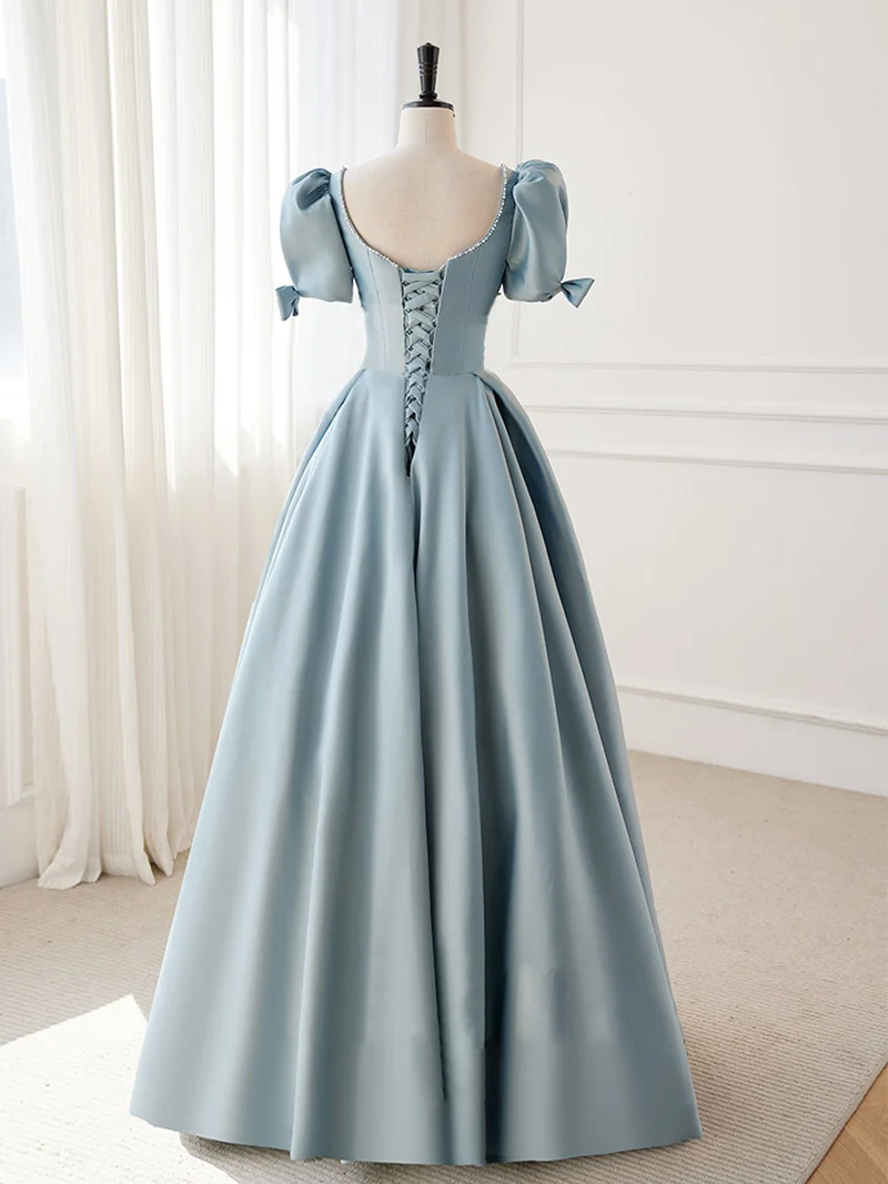 Robe formelle classique trapèze à col carré bleu poussiéreux avec manches courtes bouffantes