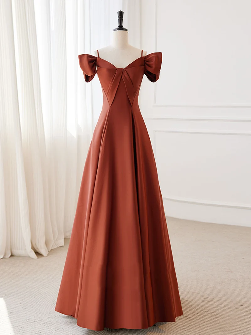 Robe de soirée longue trapèze orange brûlé, épaules dénudées, robe de bal