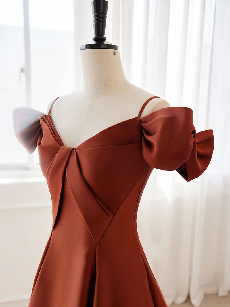 Robe de soirée longue trapèze orange brûlé, épaules dénudées, robe de bal