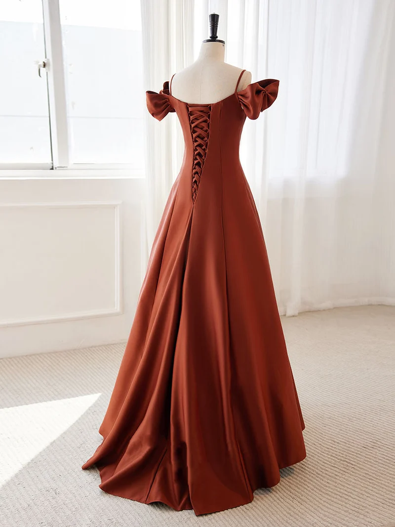 Robe de soirée longue trapèze orange brûlé, épaules dénudées, robe de bal