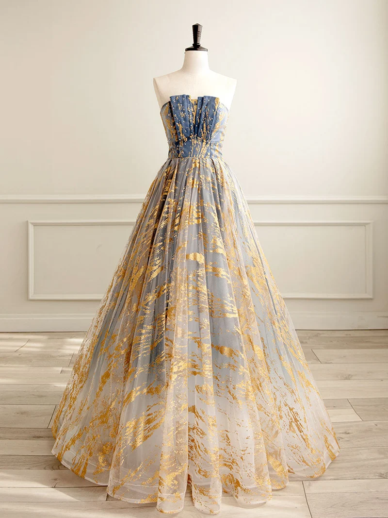 A-Line Tulle Or|Bleu Longue Robe de Bal | Robe de soirée formelle bleue
