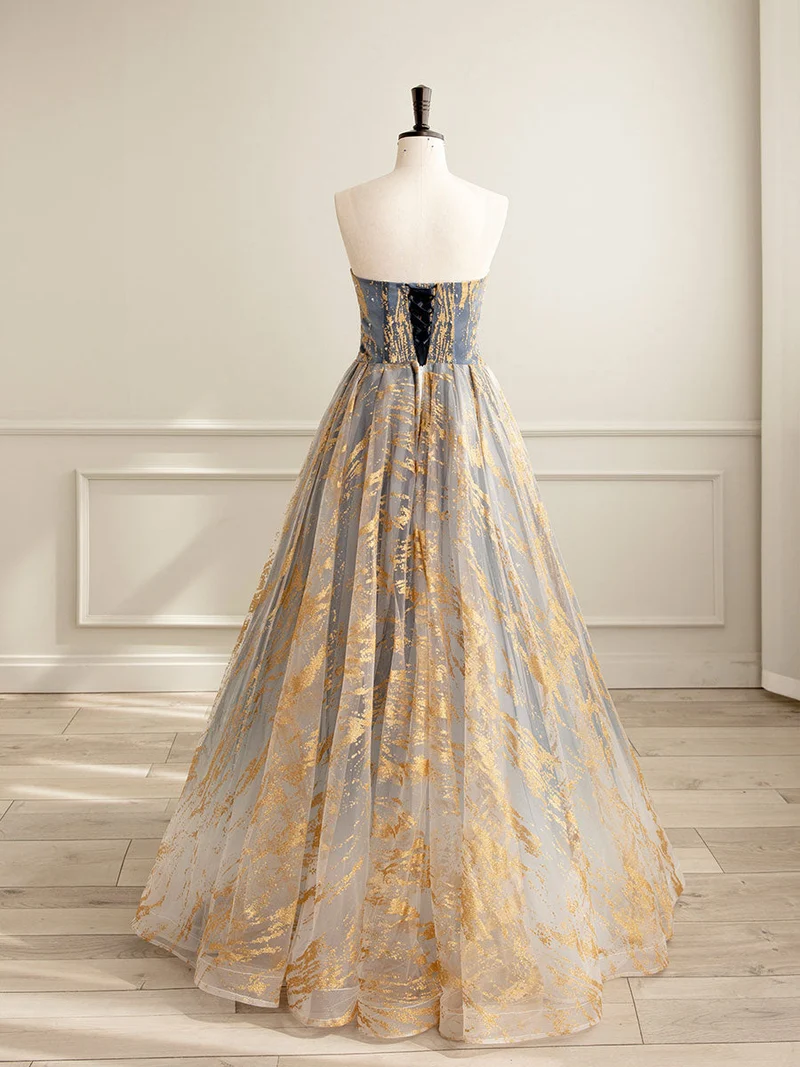 A-Line Tulle Or|Bleu Longue Robe de Bal | Robe de soirée formelle bleue