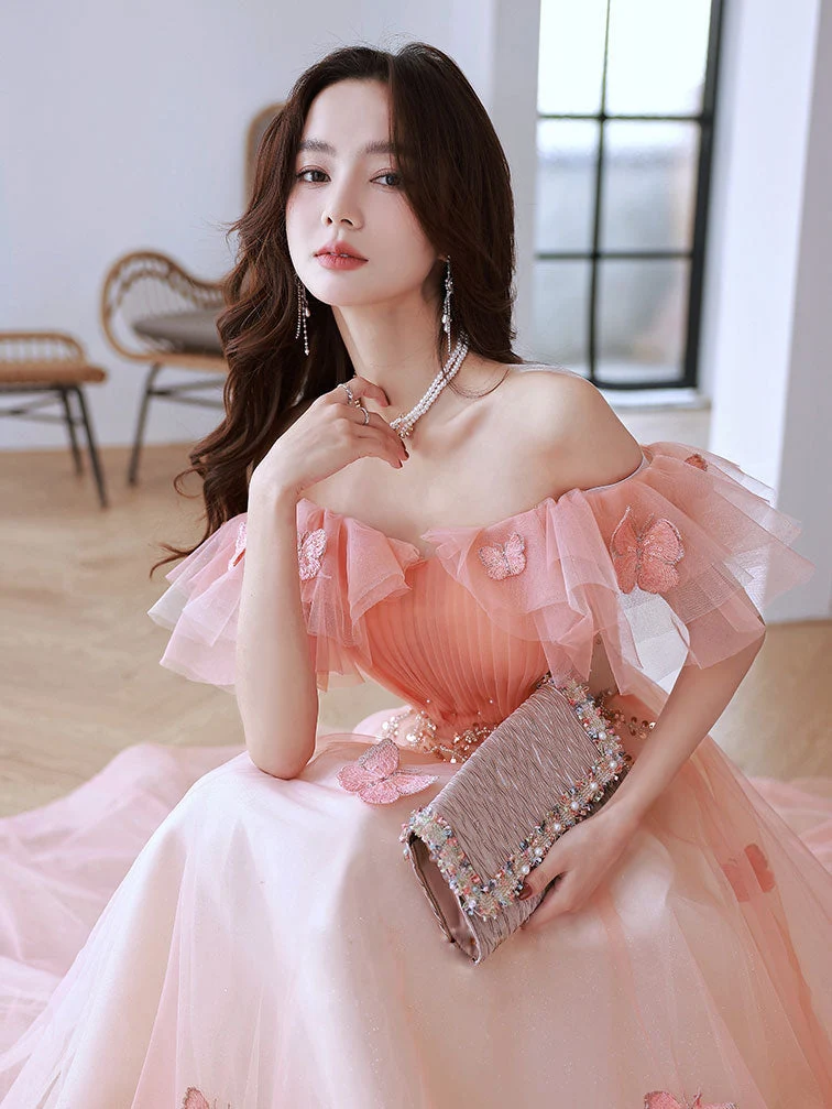 Robe de bal longue trapèze rose pêche à épaules dénudées