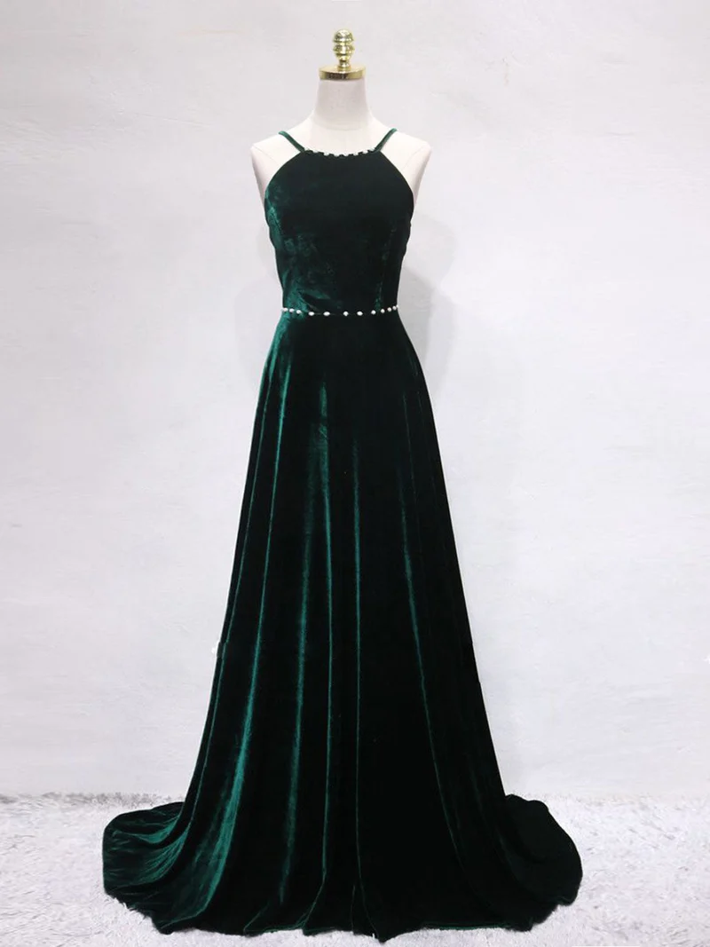 A-ligne dos nu velours vert longues robes de bal | Robes de soirée formelles vertes