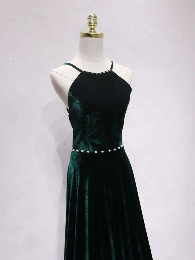 A-ligne dos nu velours vert longues robes de bal | Robes de soirée formelles vertes