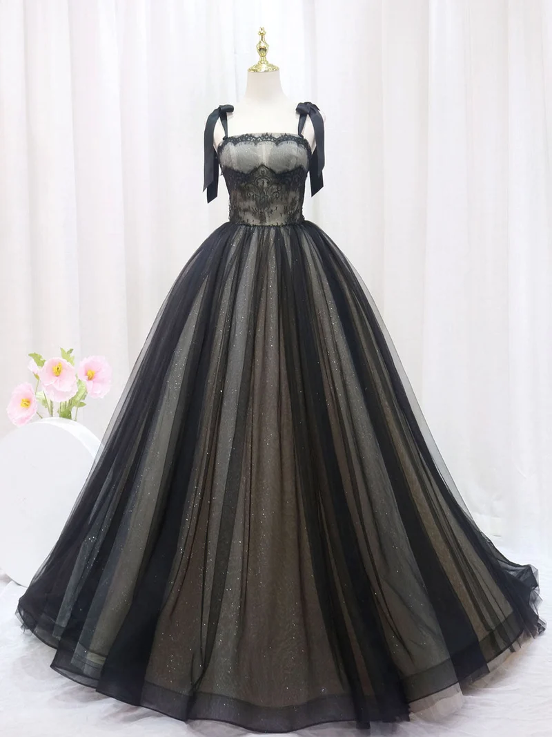 Robe de bal noire à larges bretelles, robe de bal, robe douce 16