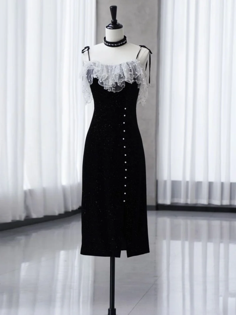 Robe de bal courte noire à bretelles spaghetti, robe de bal courte et serrée