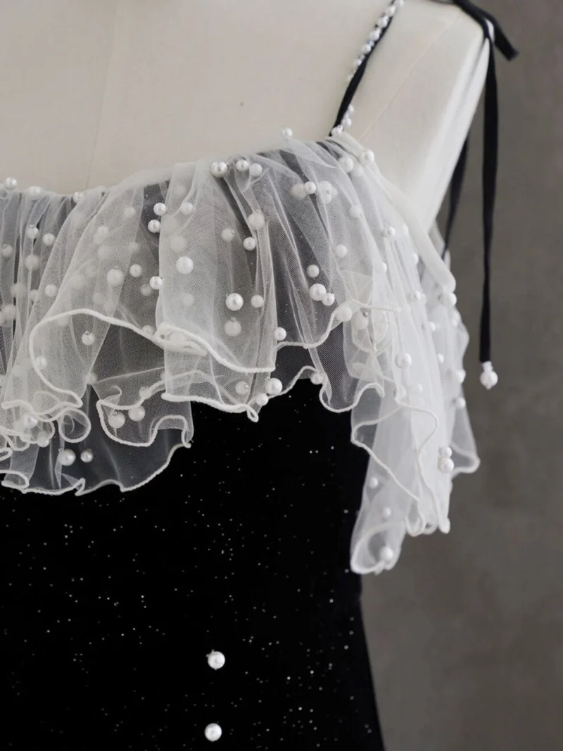 Robe de bal courte noire à bretelles spaghetti, robe de bal courte et serrée
