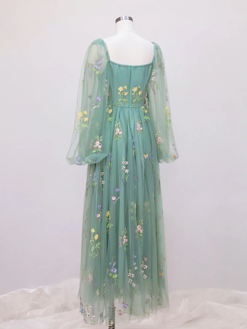 Robe de bal bohème en dentelle verte, longueur thé, corset, manches longues