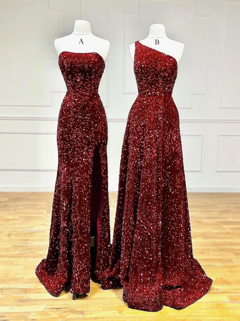 Robe de bal longue sirène bordeaux à paillettes en velours unique | Robe de soirée formelle