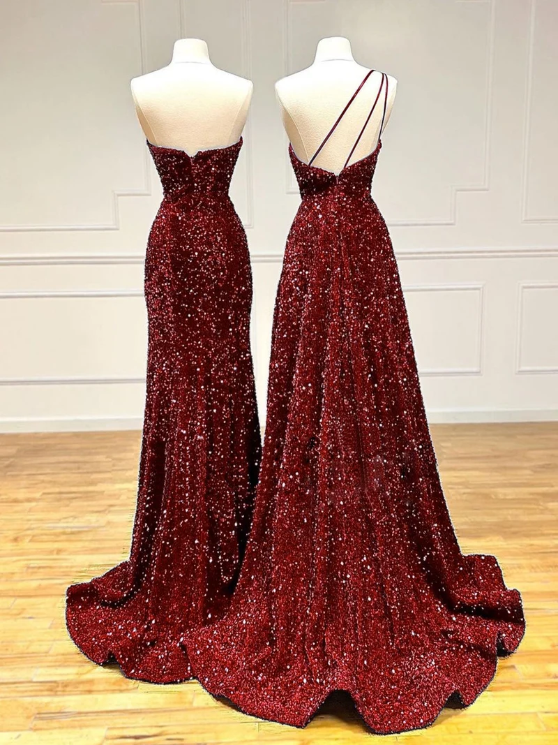 Robe de bal longue sirène bordeaux à paillettes en velours unique | Robe de soirée formelle