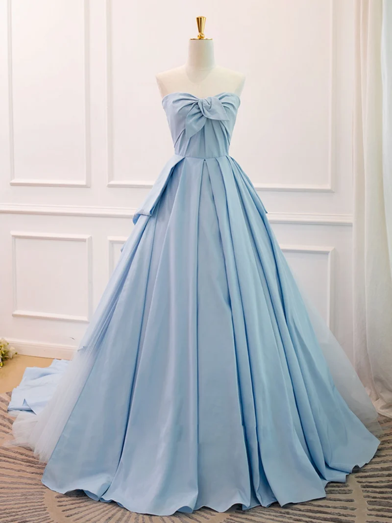 Robe de bal froncée sans bretelles bleu ciel, robe formelle de bal