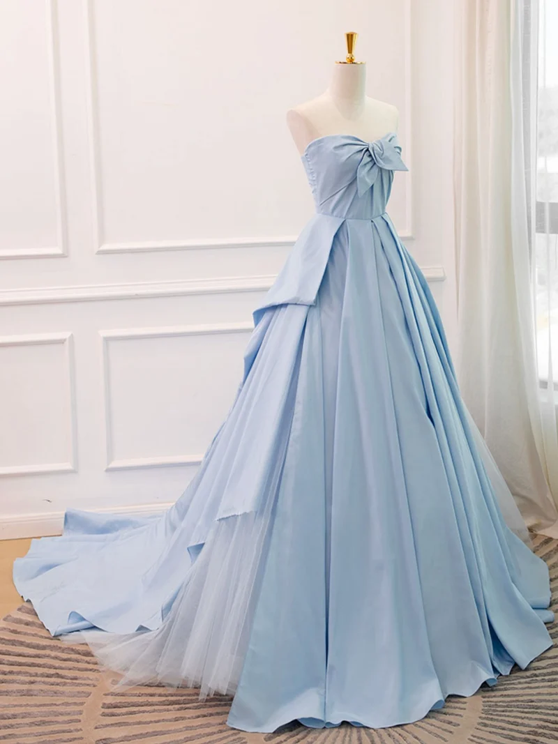 Robe de bal froncée sans bretelles bleu ciel, robe formelle de bal