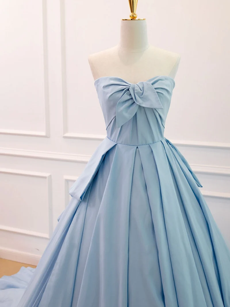 Robe de bal froncée sans bretelles bleu ciel, robe formelle de bal