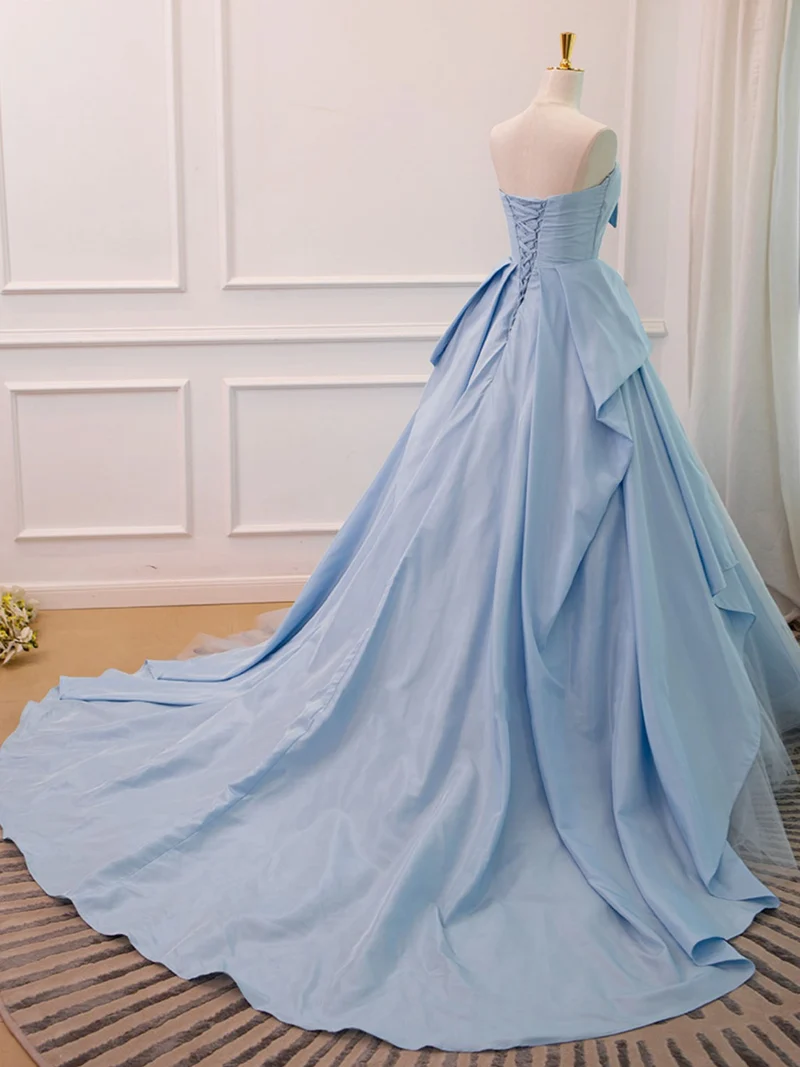 Robe de bal froncée sans bretelles bleu ciel, robe formelle de bal