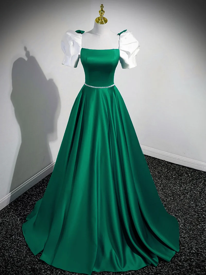Robe de bal longue trapèze vert émeraude à col carré