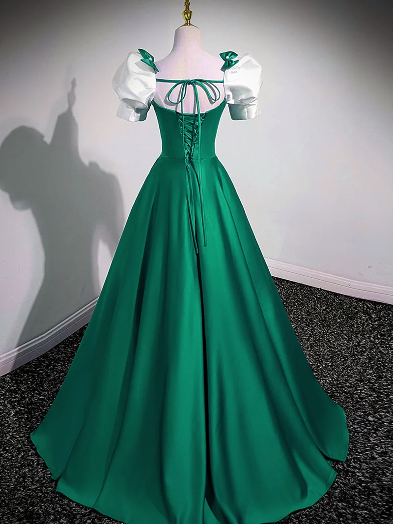 Robe de bal longue trapèze vert émeraude à col carré