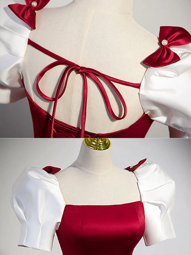 Robe de bal en satin rouge à col carré et manches courtes blanches