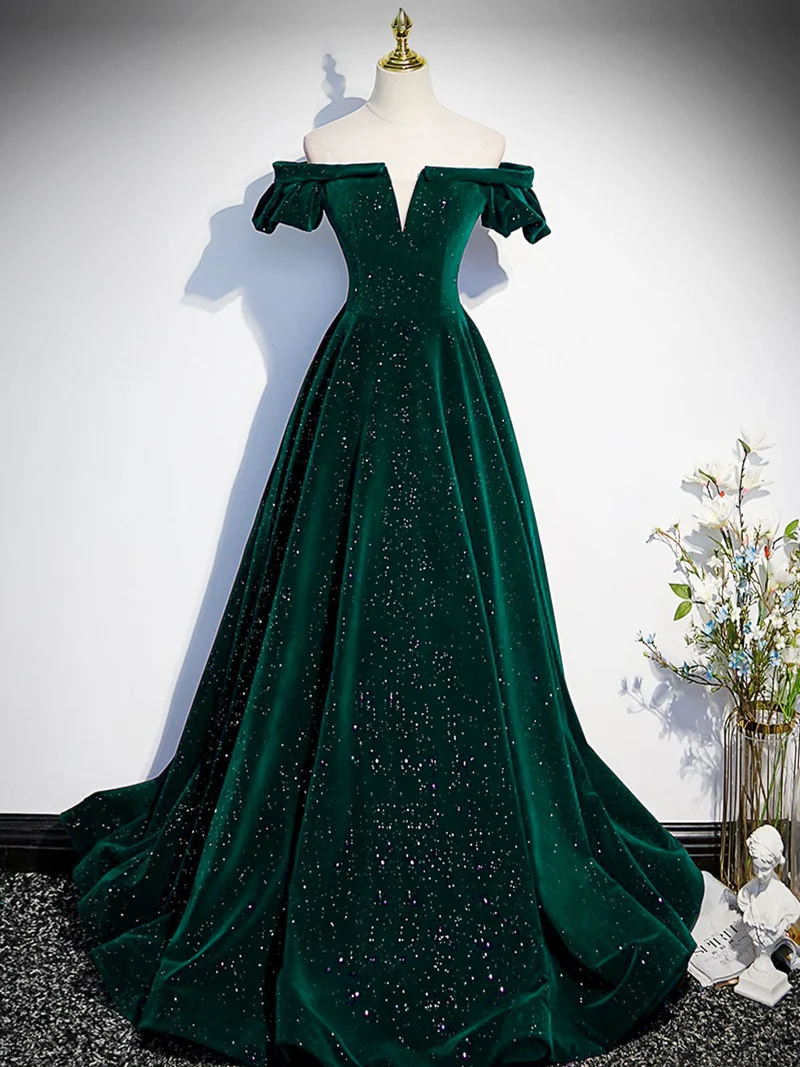 Robe de bal classique en velours vert émeraude à épaules dénudées, robe de remise de diplôme