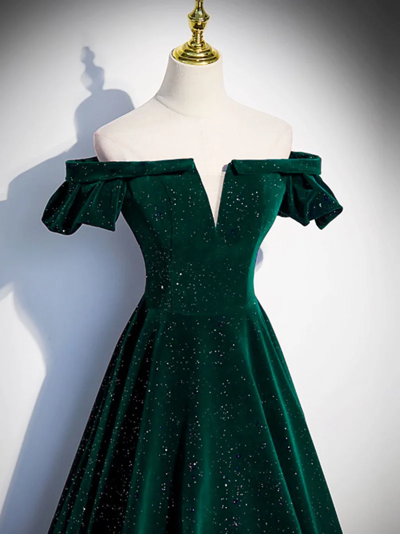 Robe de bal classique en velours vert émeraude à épaules dénudées, robe de remise de diplôme