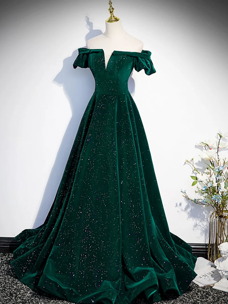Robe de bal classique en velours vert émeraude à épaules dénudées, robe de remise de diplôme