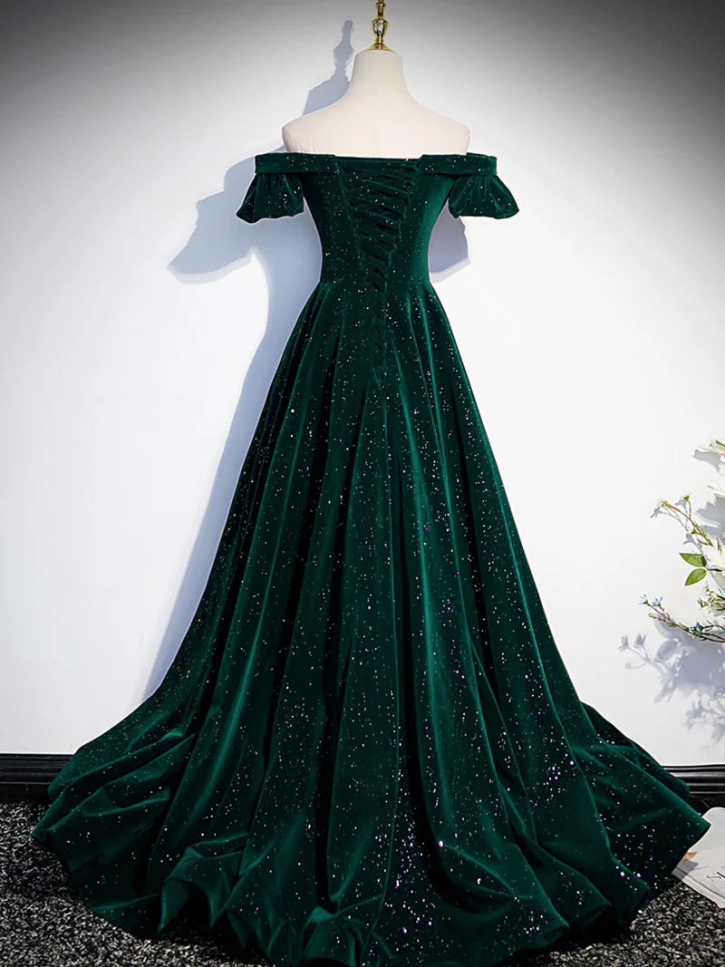 Robe de bal classique en velours vert émeraude à épaules dénudées, robe de remise de diplôme
