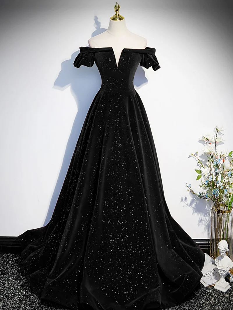Robe de bal classique en velours vert émeraude à épaules dénudées, robe de remise de diplôme