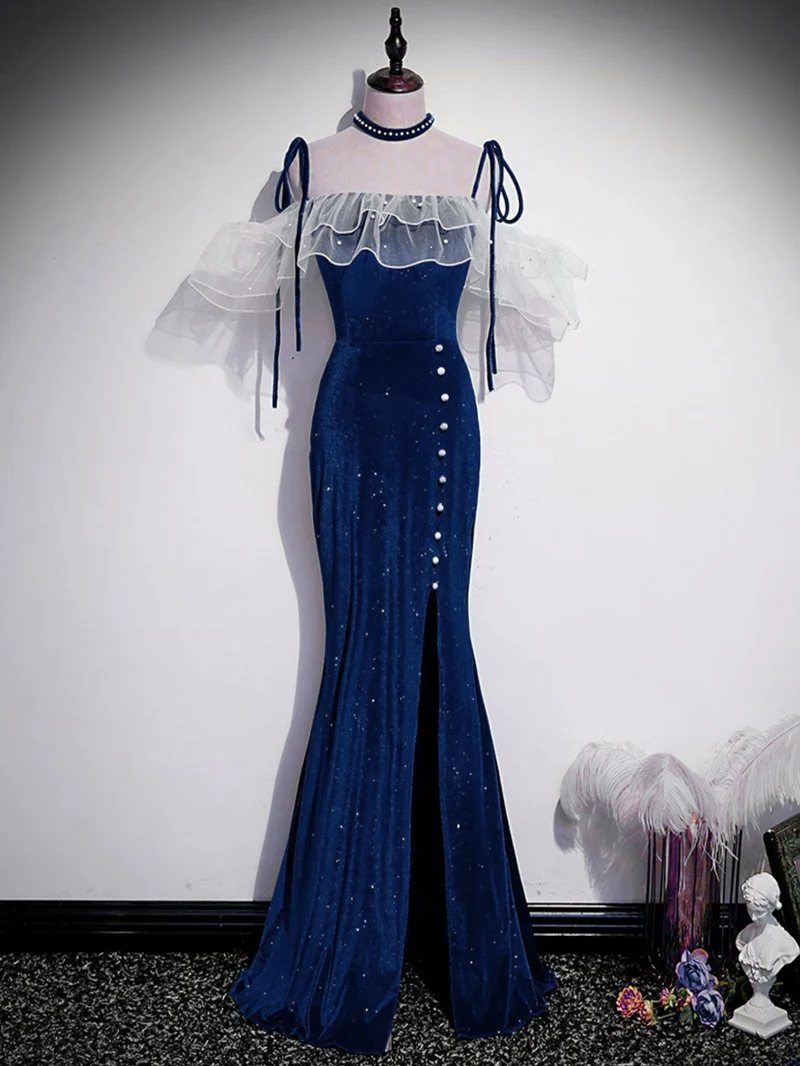 Robe de bal longue en velours bleu unique avec fente