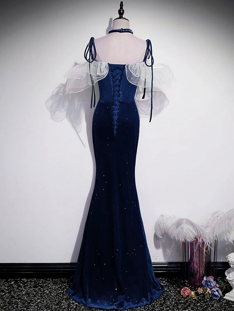 Robe de bal longue en velours bleu unique avec fente