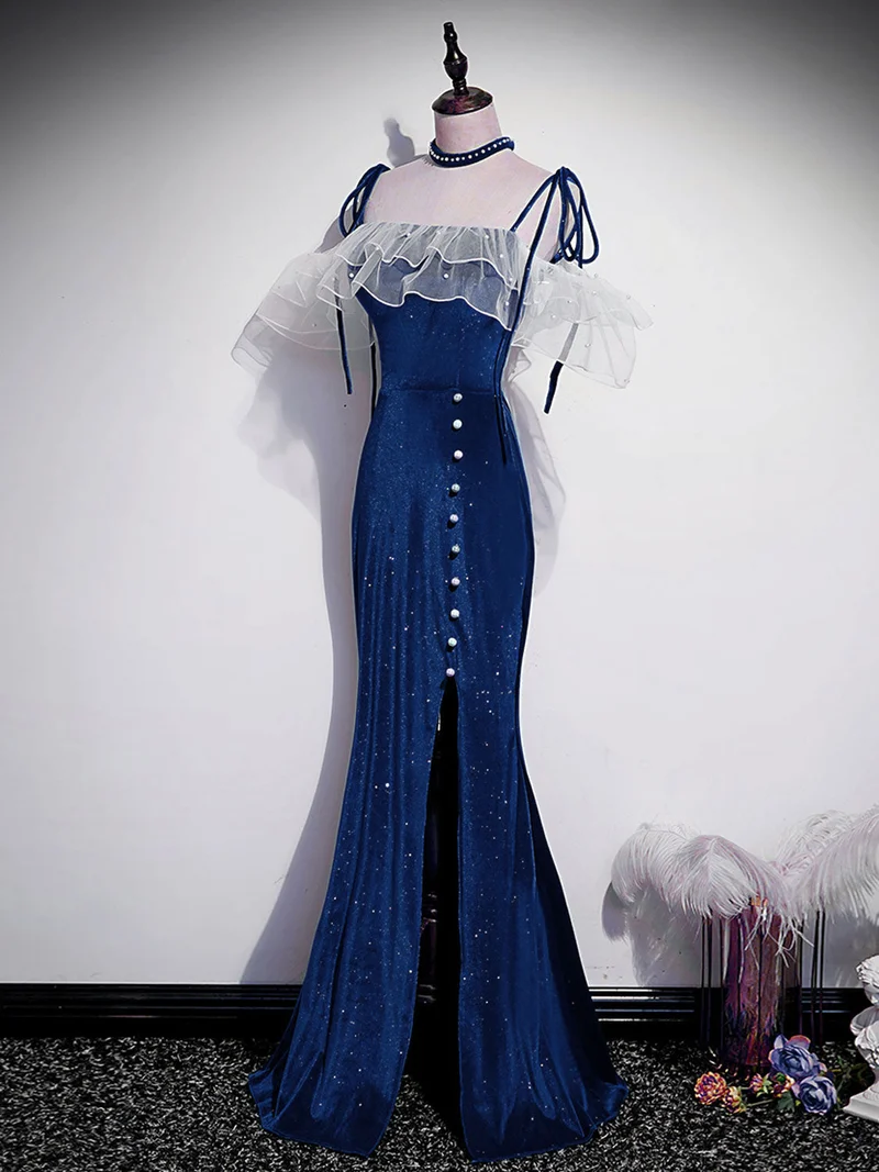 Robe de bal longue en velours bleu unique avec fente