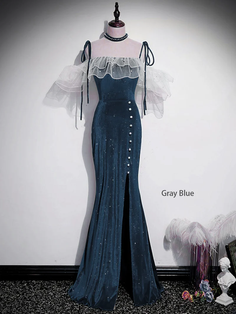 Robe de bal longue en velours bleu unique avec fente