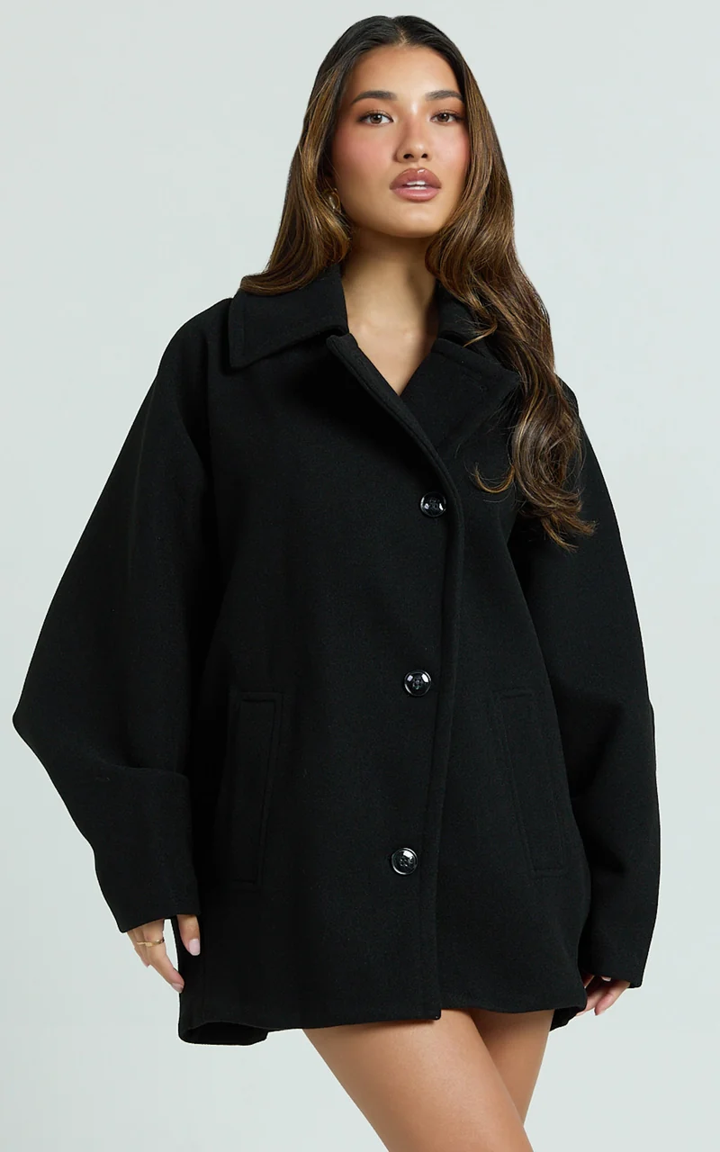 Claudia Coat - Oversized Three-Button Front Closure Coat in Black