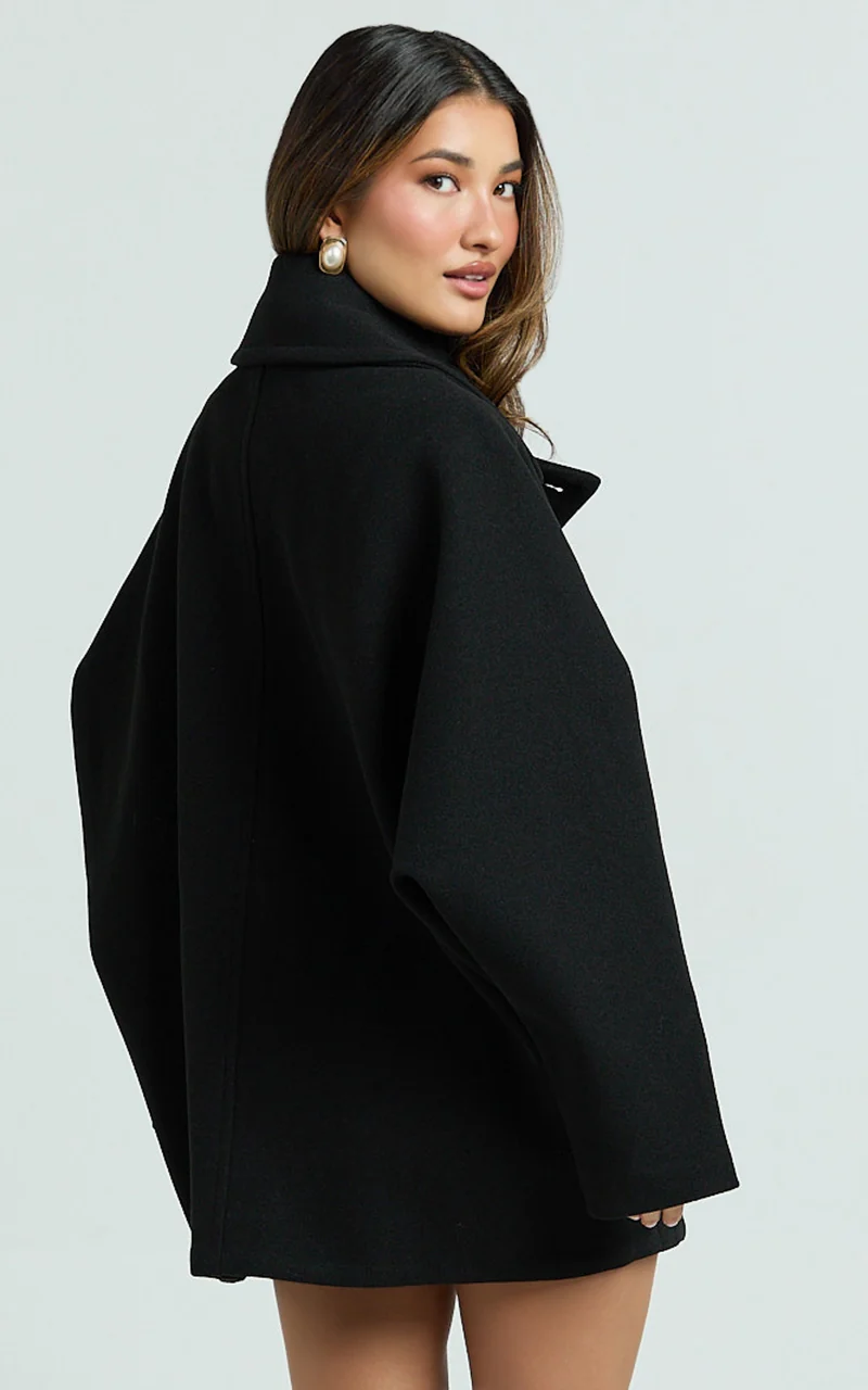 Claudia Coat - Oversized Three-Button Front Closure Coat in Black
