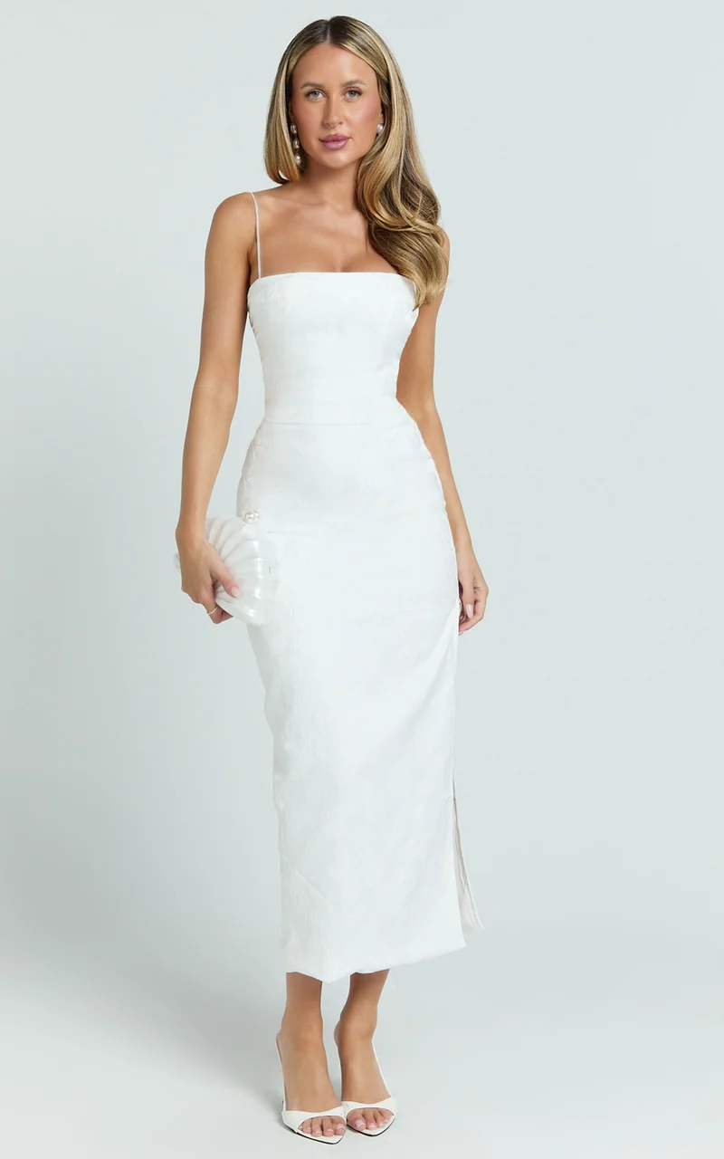 Indiana Midi Dress - Jacquard Square Neck Lace Back Fitted Dress in White